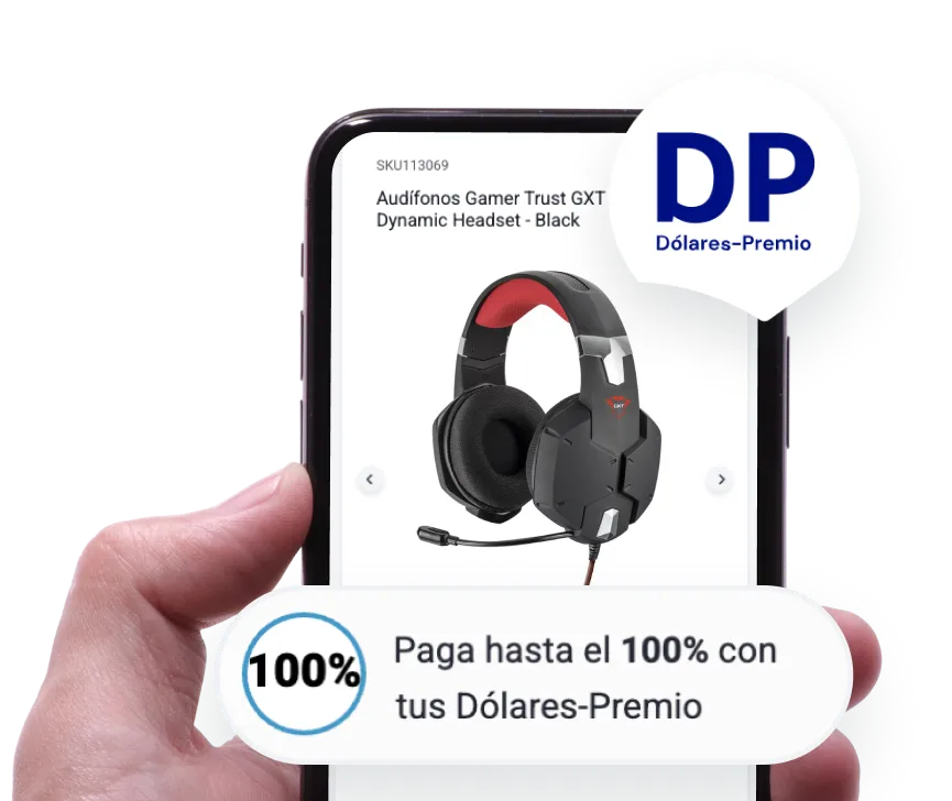 Teléfono móvil con productos disponibles para canjear con Dólares-Premio