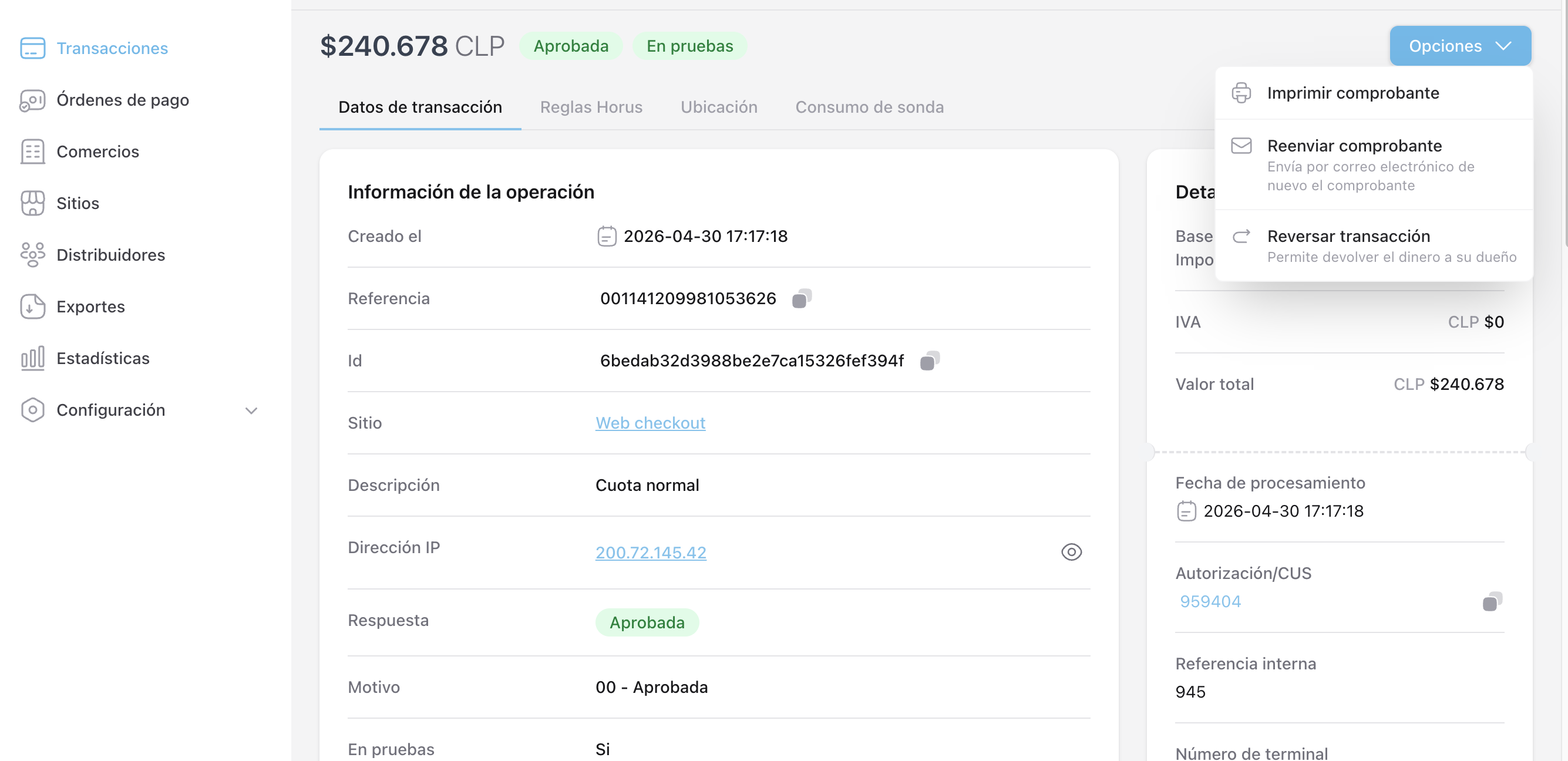 Detalle de reversa de transacción