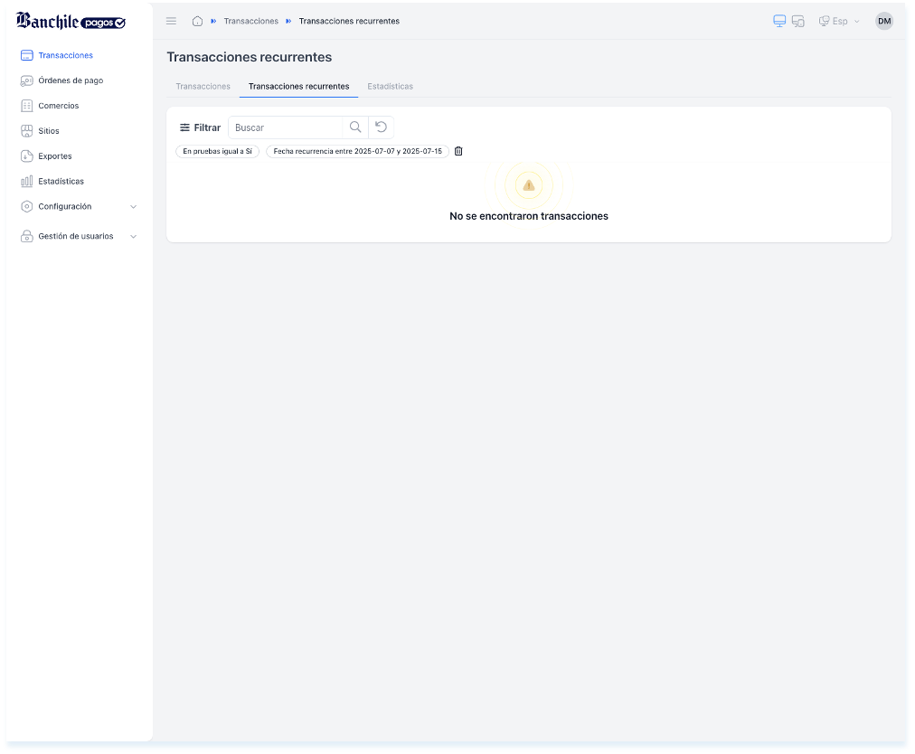 Imagen referencial de Transacciones Recurrentes Dashboard