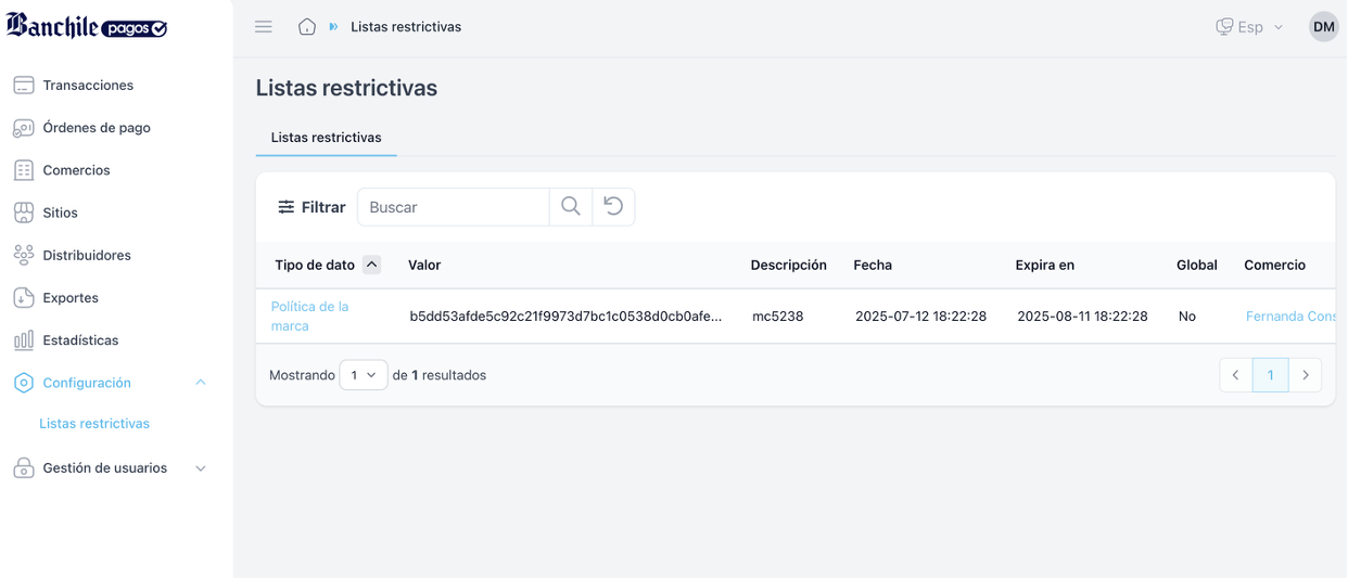 Imagen referencial de Configuración y listas restrictivas