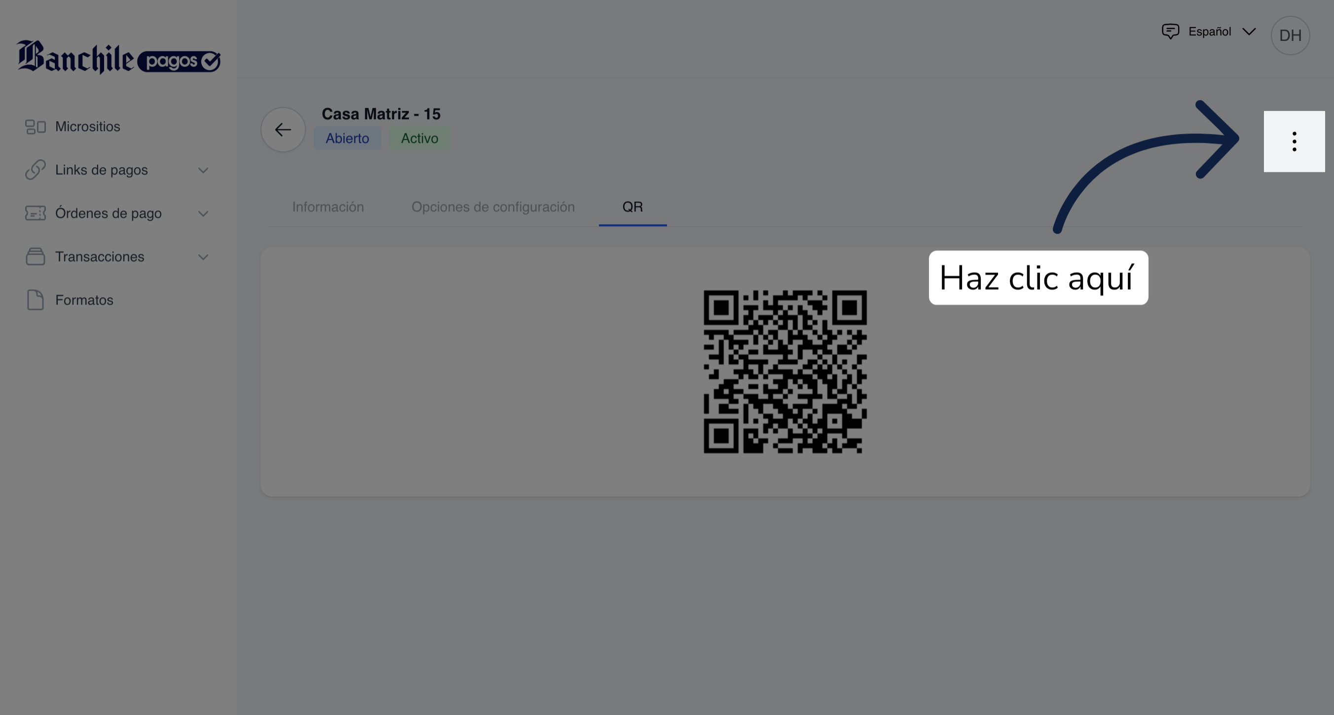 Selecciona la opción QR