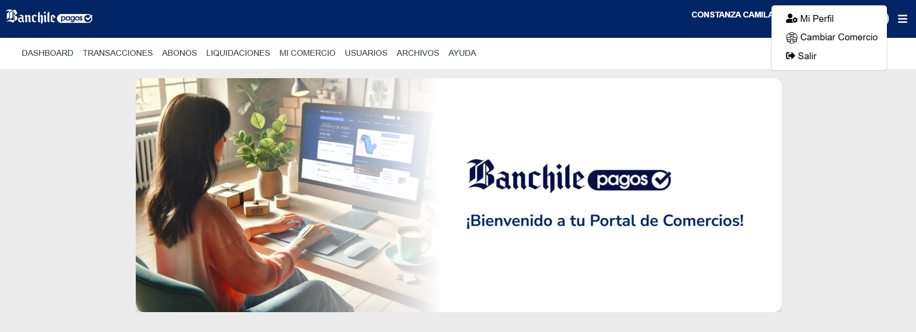Menú de perfil con opción Cambiar Comercio