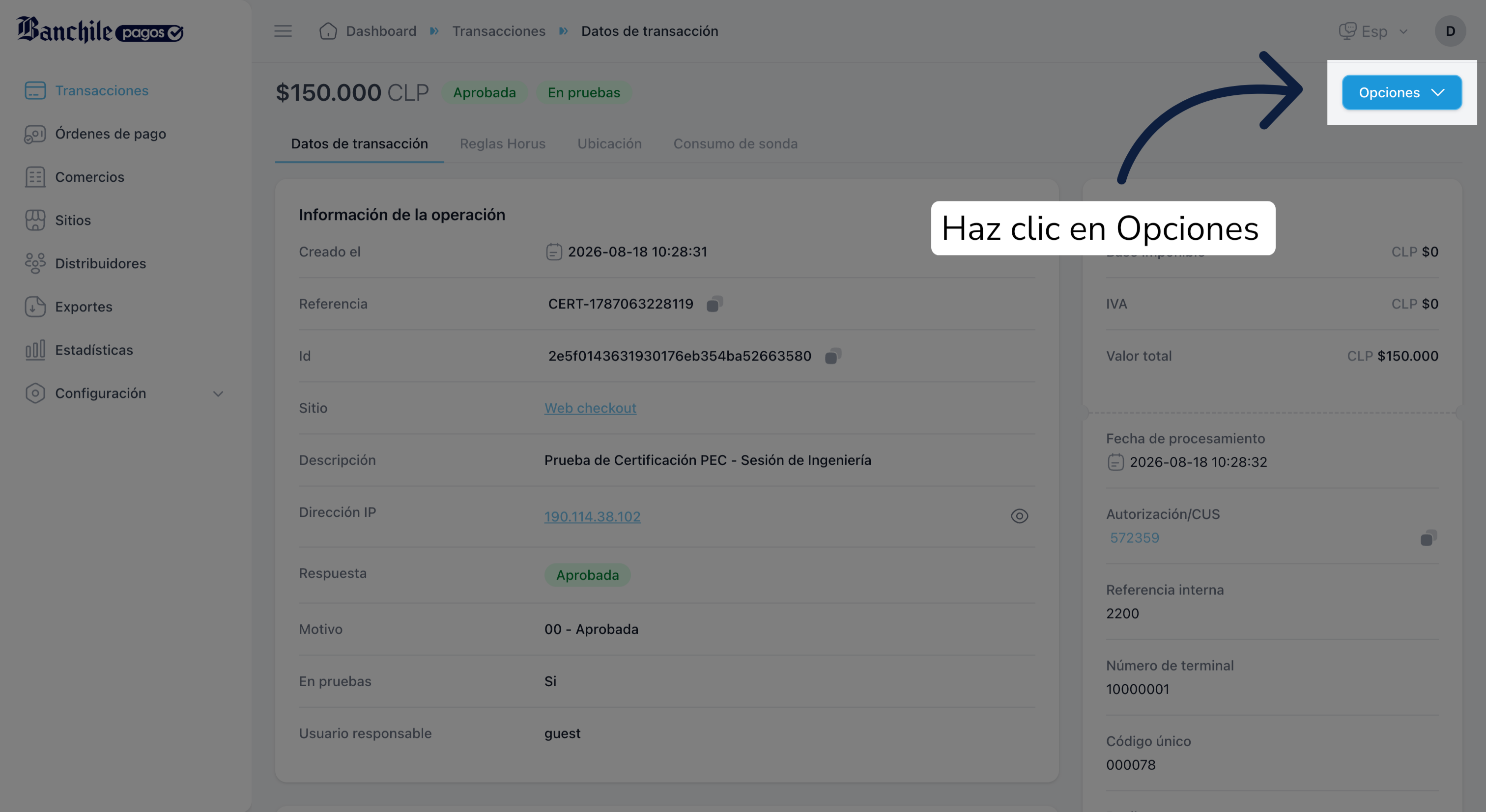 Abrir Opciones De Transacción