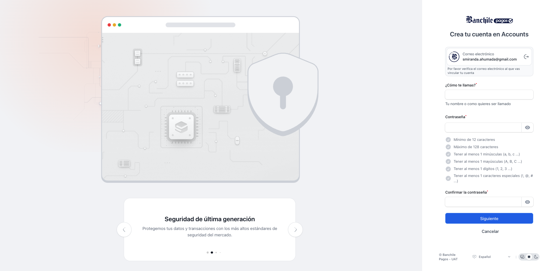 Formulario de creación de cuenta en Accounts