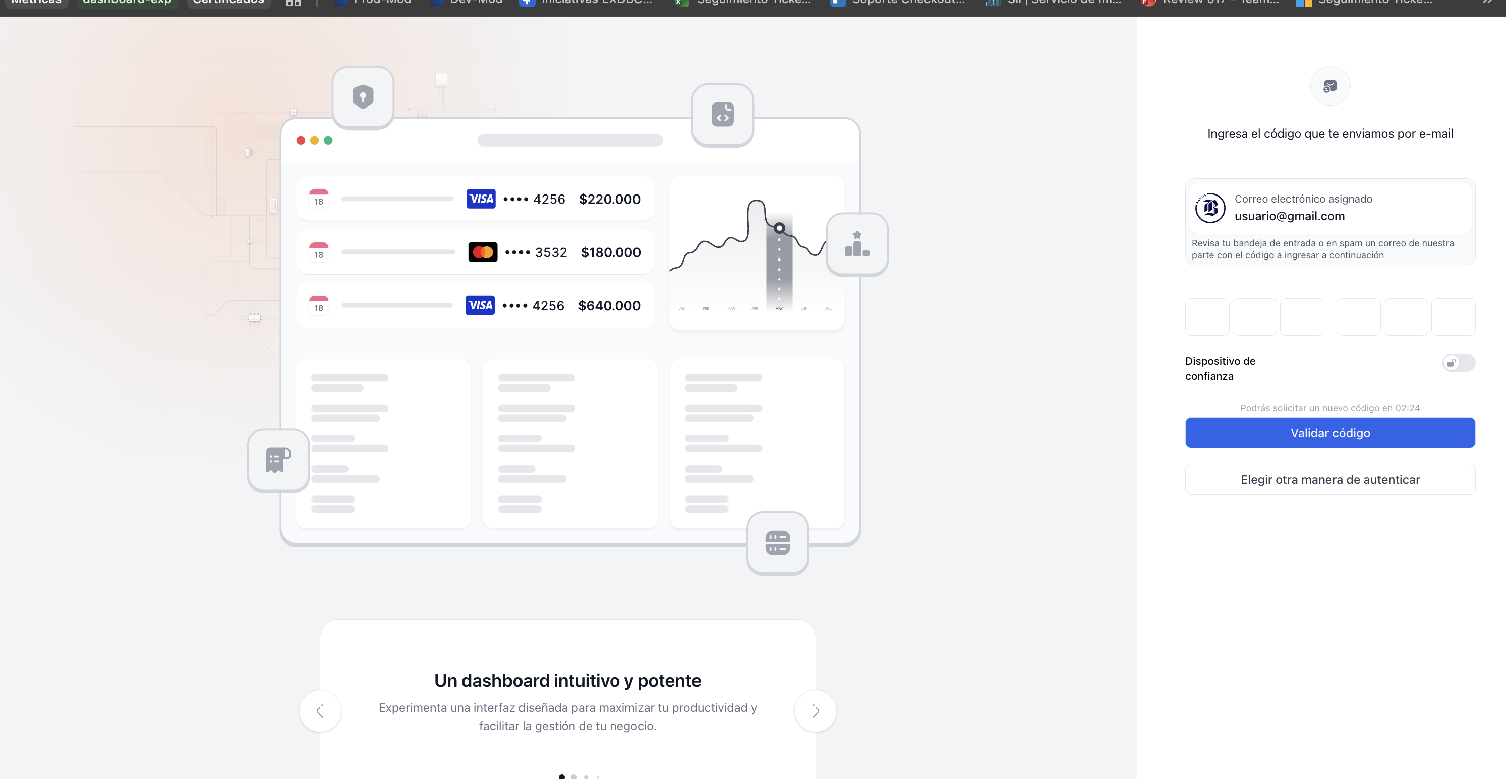 Pantalla para validar código enviado por correo