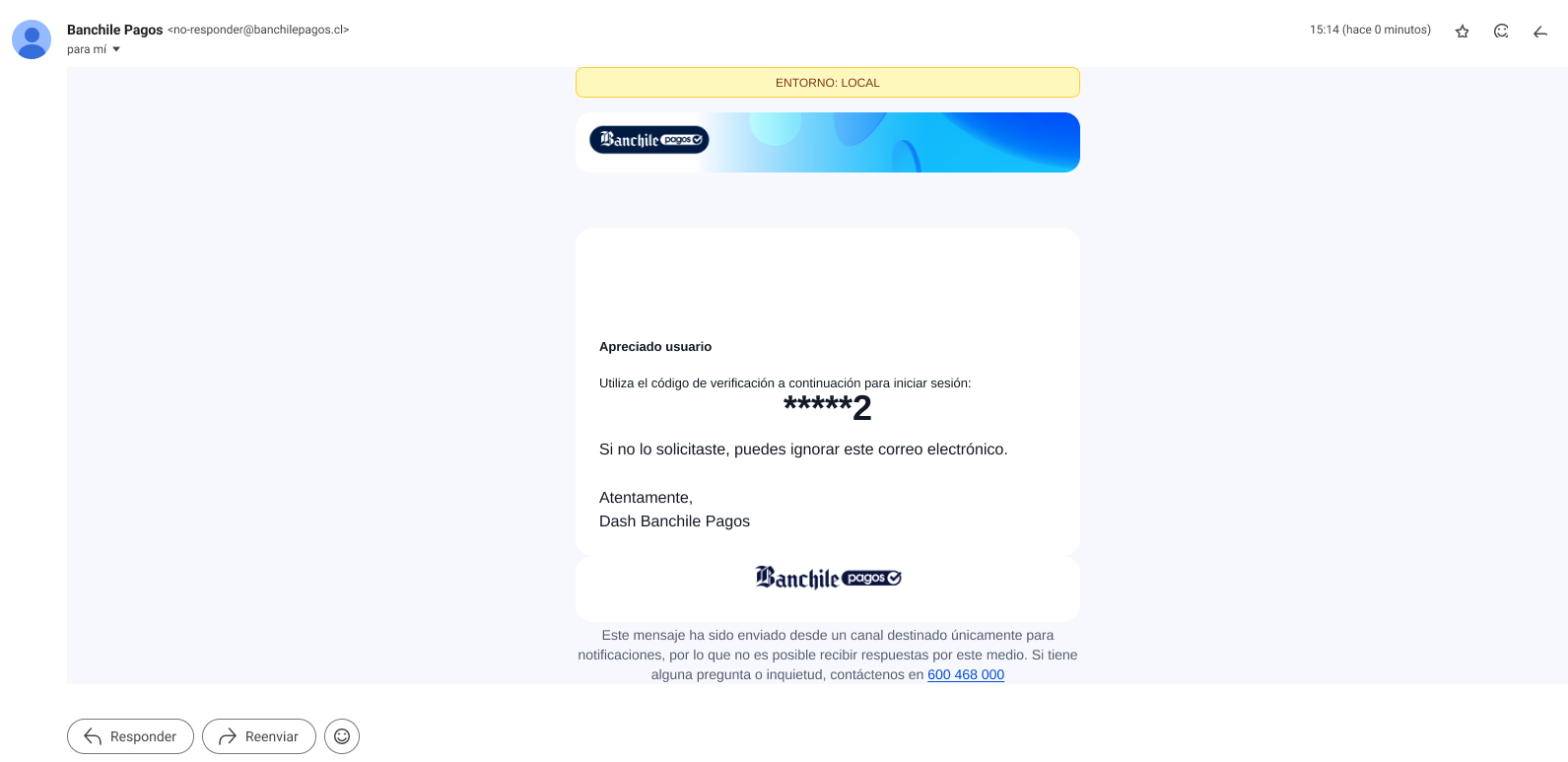 Correo con código de verificación para iniciar sesión